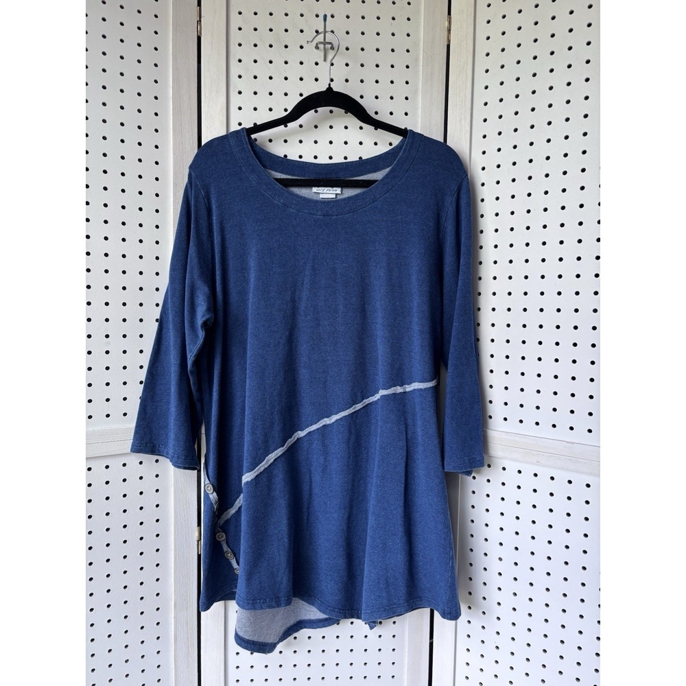 Wild Palms Womens Lg Tunic Button Detail 3/4 SLV‎ Blue Cotton Stretch Artsy Boho